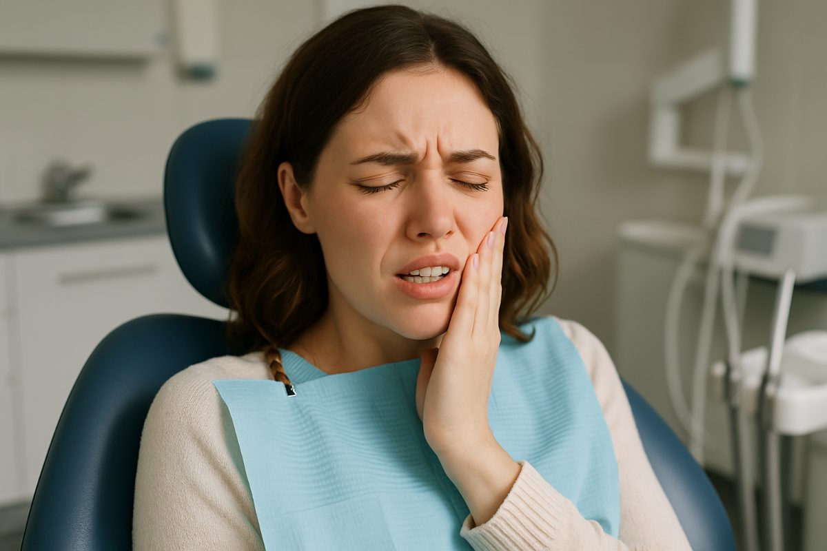 A concerned patient sits in a dental chair, looking worried as a dentist explains the potential side effect of dental implants using a model of a jaw with implants. No text on image.