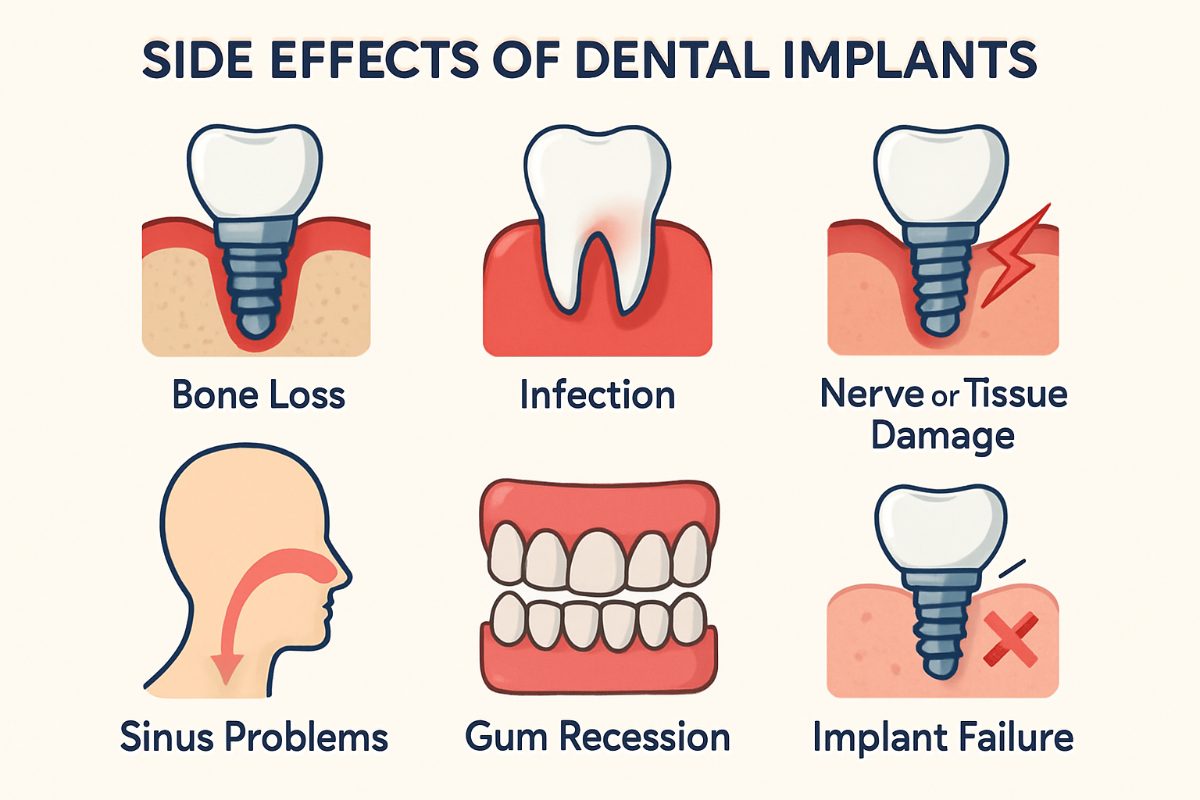 Image of a dentist explaining potential side effects of dental implants to a concerned patient, using a model of a jaw with implants to illustrate. No text on image.
