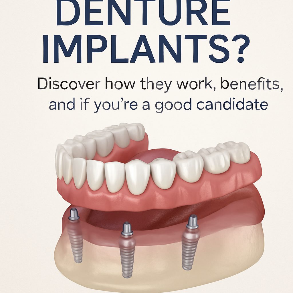 Image showcasing the placement of denture implants in a patient's lower jaw, with a dentist carefully positioning the implant. The image should have a modern, clinical setting and no text.