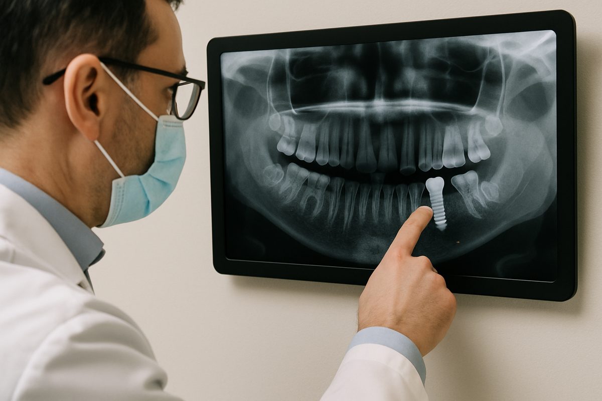 Image of a dentist pointing to a dental implant x-ray, highlighting areas of concern. No text on the image.