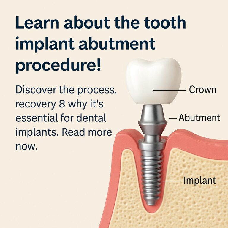 Illustration of a dentist carefully attaching an abutment to a dental implant in a patient's mouth. The dentist is using specialized tools, and the gums look healthy. No text on the image.