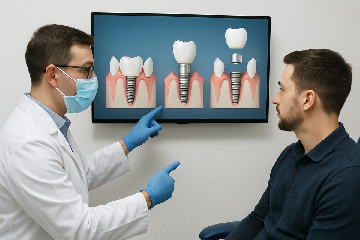 Image of a dentist explaining the steps in a dental implant procedure to a patient, using a digital screen to display the process. The screen shows visuals of implant placement, abutment attachment, and crown fitting. No text on the image.