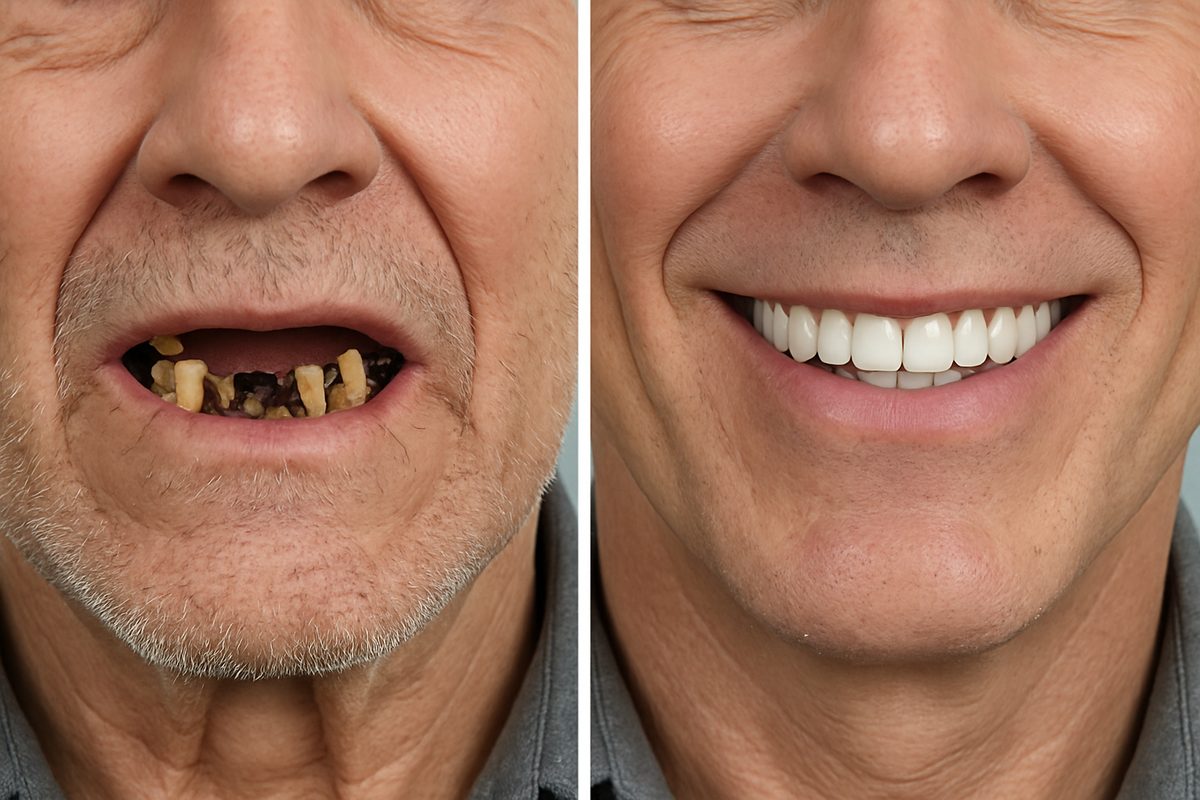 Before and after image of a patient who received a mouth full of dental implants, showcasing the transformation from missing or damaged teeth to a full, healthy-looking smile. No text on image.